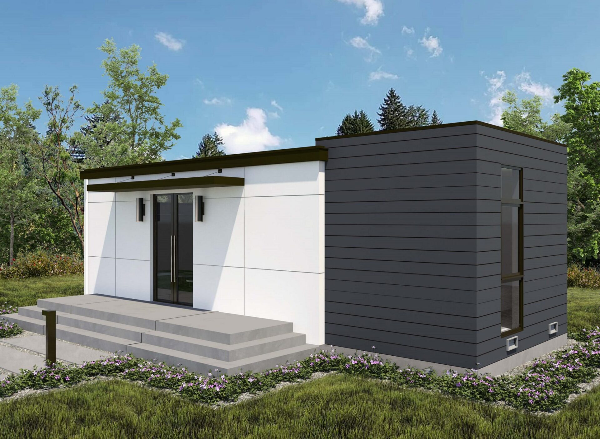Modern minimalist small house exterior with steps